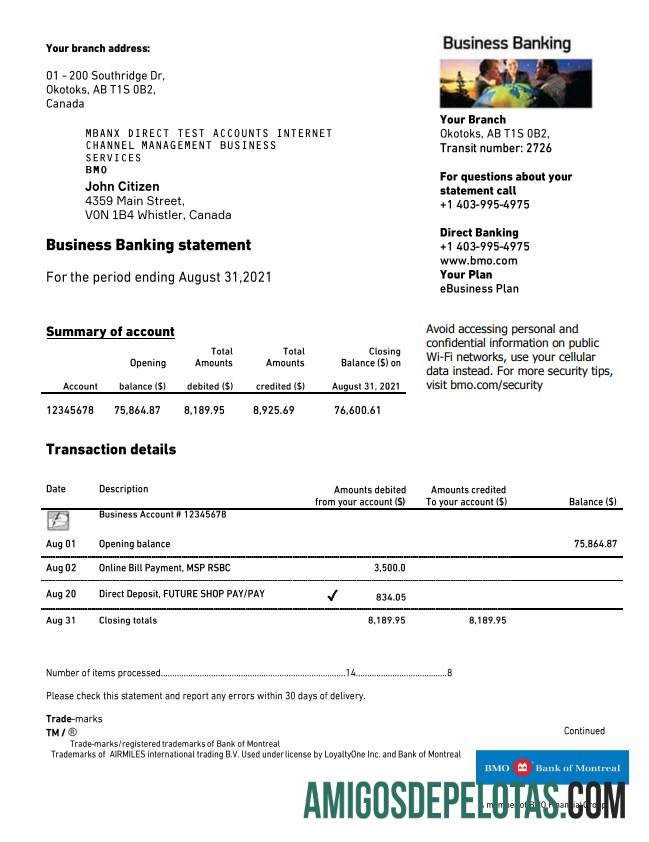 Canada BMO Bank Of Montreal Statement amostra